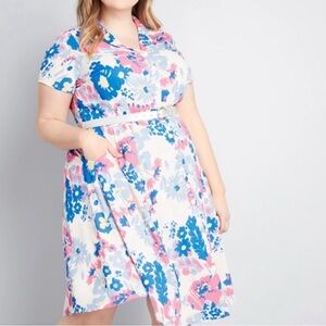 ModCloth floral midi dress in blue and pink, lightweight and easy to style.